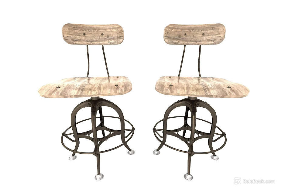 Set Of Two Rustic Wooden Leisure Chairs With Black Metal Swivel Wheels 3d model 