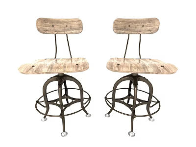 Set Of Two Rustic Wooden Leisure Chairs With Black Metal Swivel Wheels 3d model