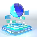 Futuristic Purple Sphere With Green Circular Structure On Blue Base And Small Cubes