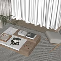 Modern Table and Chair Combination Single Chair Coffee Table Wood Floor Curtain Gauze Curtain 3d model