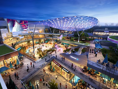 Vibrant Modern Commercial Street With Lively Pedestrians Stylish Shops And Unique Lighting 3d model