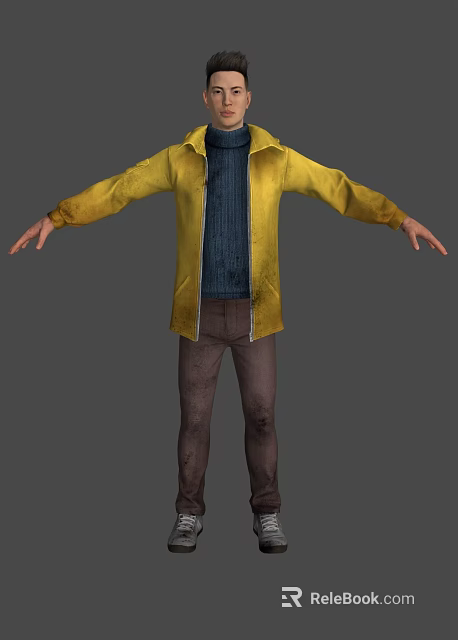 A Man Wearing Yellow Jacket Blue Sweater And Brown Pants With Arms Outstretched 3d model 