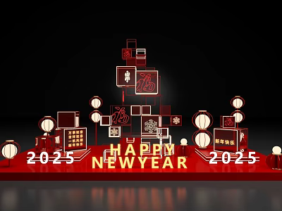 2025 New Year Red Decorative Photo Check In Spot With Lanterns And Happy Sign 3d model