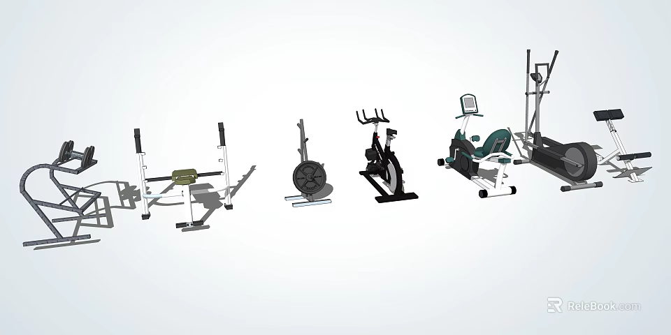 Various Types of Home Gym Sports Equipment Including Rowing Machine Exercise Bike and Treadmill 3d model 