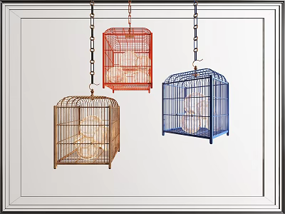 Red Blue Brown Bird Cage Design Pendant Lights Hanging With Chains For Home Lighting 3d model