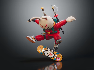 Game Movie Character in Red Outfit Carrying Swords Riding Graphic Skateboard Jumping Pose 3d model