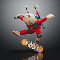 Game Movie Character in Red Outfit Carrying Swords Riding Graphic Skateboard Jumping Pose