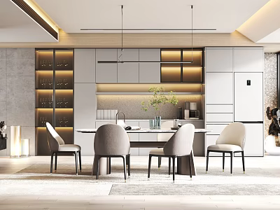Modern Open Concept Restaurant Kitchen With Dining Table Island And Lighting Fixtures 3d model