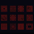 Chinese Traditional Wall Decor Featuring Red Carved Geometric Square Patterns on Dark Blue 3d model