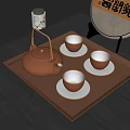 Modern Brown Tea Set with Teapot Three Cups and White Saucers on Wooden Tray