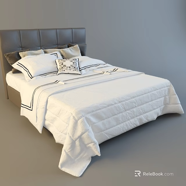 Modern Double Bed Interior With Gray Headboard White Quilt Black Trim And Pillows 3d model 