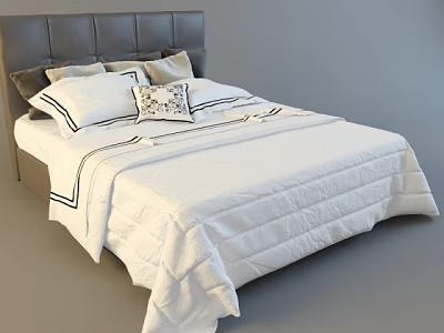 Modern Double Bed Interior With Gray Headboard White Quilt Black Trim And Pillows 3d model