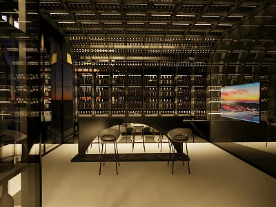 Modern Bar Interior With Wine Bottle Racks Seating And Ambient Lighting 3d model