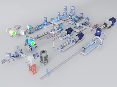 Various Industrial Faucet Types With Pipes Valves Pumps And Parts 3d model