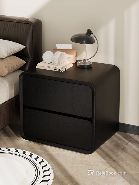 Black Modern Bedside Table With Two Drawers In Bedroom With Lamp Books And Decorative Items 3d model 