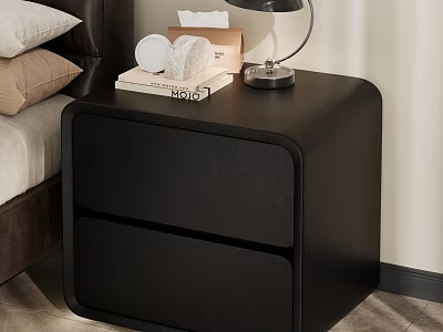 Black Modern Bedside Table With Two Drawers In Bedroom With Lamp Books And Decorative Items 3d model