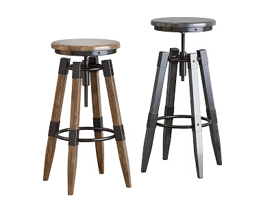 Two Adjustable Height Bar Stools With Wooden And Black Metal Frame Round Seat 3d model