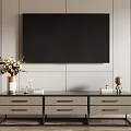 Modern TV Stand With Wooden Drawers Decorative Vase And TV On Striped Wall Background