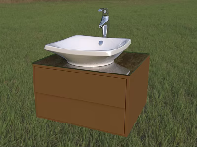 Stylish Brown Bathroom Washbasin Cabinet With White Square Basin And Silver Faucet 3d model