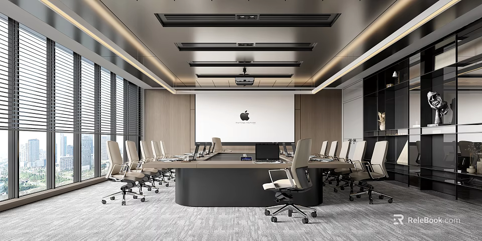 Modern Conference Room With Large Table Office Chairs Projector And Window Blinds 3d model 