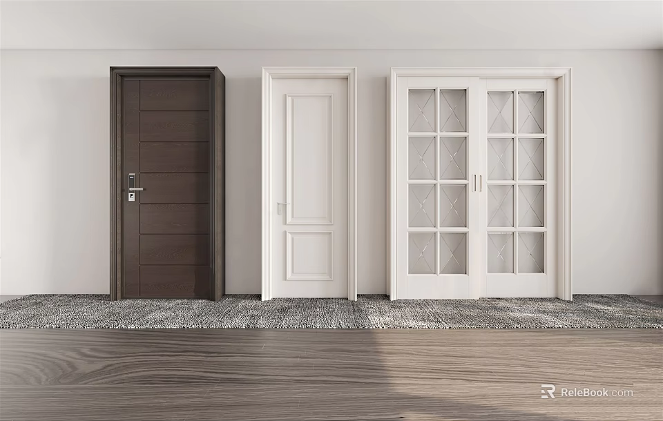 Interior Hinged Doors White Dark Brown And Glass Panel Modern Home Designs 3d model 