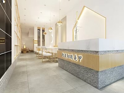 Elegant Modern Beauty Salon Interior Design With Luxury Nail Services And Stylish Front Desk 3d model