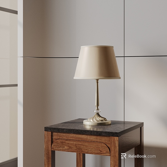 Beige Lampshade Table Lamp With Silver Base On Wooden Nightstand Black Marble Countertop White Wall 3d model 