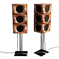 Pair of Modern Home Audio Brown Wooden Finish Speakers with Multiple Drivers and Metal Stands