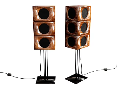 Pair of Modern Home Audio Brown Wooden Finish Speakers with Multiple Drivers and Metal Stands 3d model