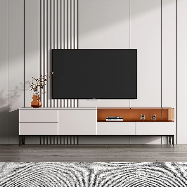 Modern TV Stand Design With Storage Drawers TV And Decorative Vase On Striped Wall 3d model 