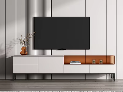 Modern TV Stand Design With Storage Drawers TV And Decorative Vase On Striped Wall 3d model