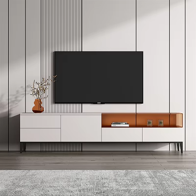 Modern TV Stand Design With Storage Drawers TV And Decorative Vase On Striped Wall 3d model
