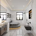 Modern Bathroom Interior Design With Toilet Washing Machine Mirror Cabinets And Marble Walls