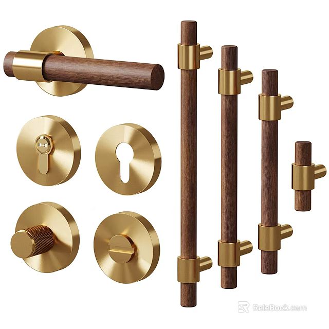 Brass and Wooden Door Handles with Round and Long Modern Designs for Home Use 3d model 