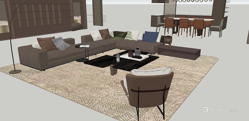 Contemporary Living Room Design Featuring L Shaped Sofa Colorful Pillows And Textured Beige Rug 3d model 