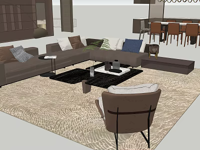 Contemporary Living Room Design Featuring L Shaped Sofa Colorful Pillows And Textured Beige Rug 3d model