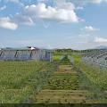 Scenic Landscape with Blue Sky White Clouds Green Fields Path Solar Panels Red Roof Building