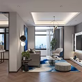 Modern Living Room Interior Design With Sofa Coffee Table Blue Rug And Decorative Painting