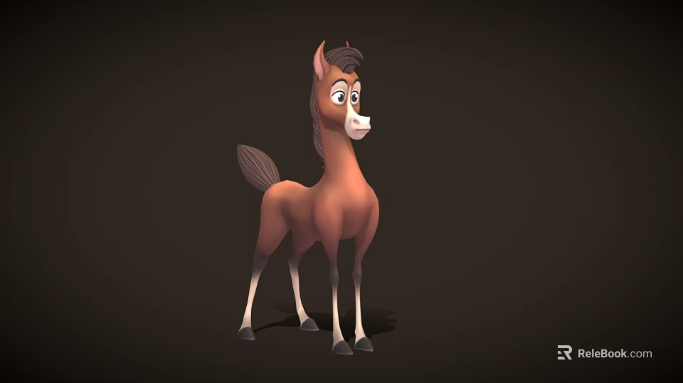 Cute Brown Cartoon Pony With White Face And Legs Standing On Dark Background 3d model 