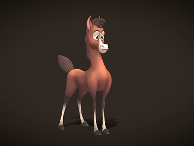 Cute Brown Cartoon Pony With White Face And Legs Standing On Dark Background 3d model