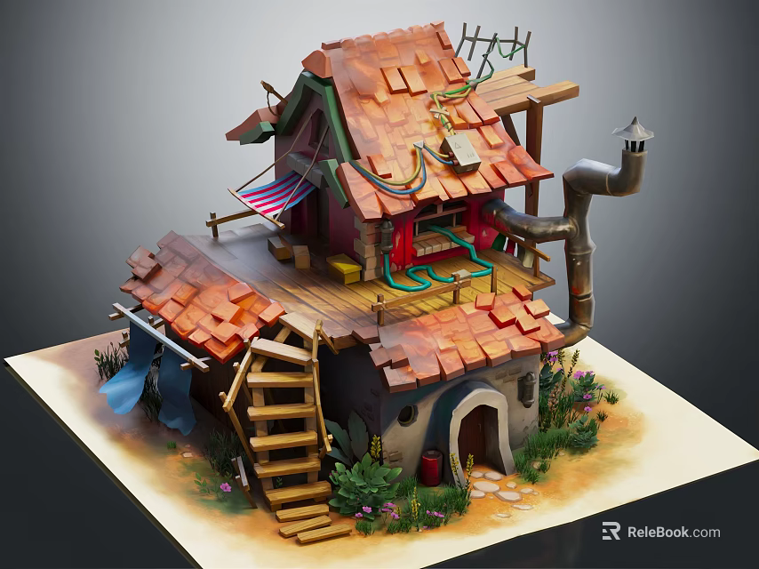 Cartoon Scene Showing A Quaint House With Red Roof Wooden Stairs Balcony And Plants Around 3d model 