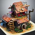 Cartoon Scene Showing A Quaint House With Red Roof Wooden Stairs Balcony And Plants Around