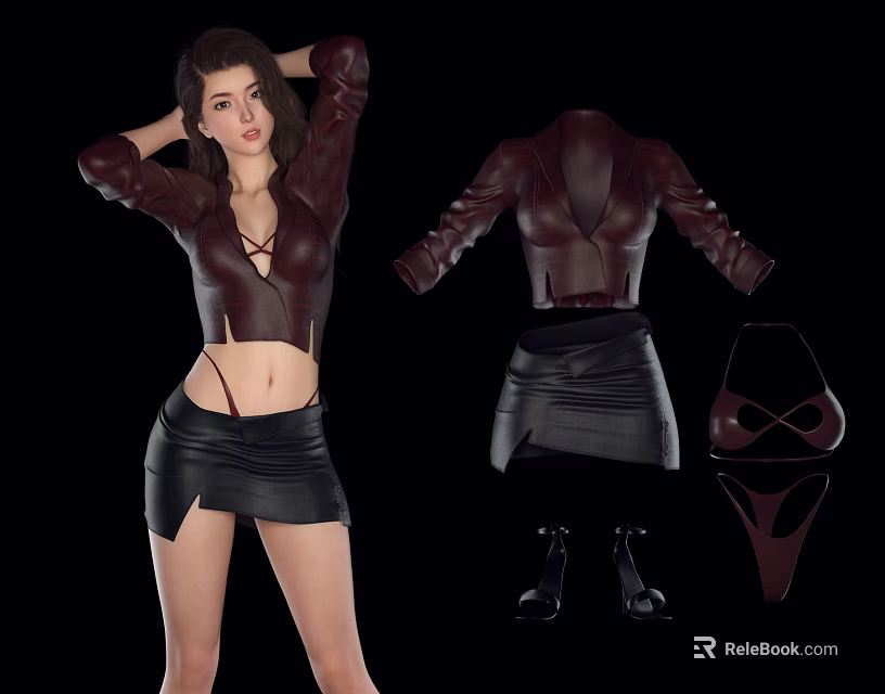 Fashionable Woman Wearing Brown Leather Top Black Leather Skirt with Shown Boots and Lingerie 3d model 