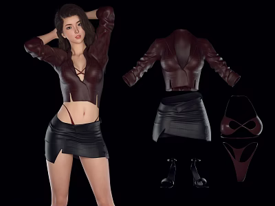 Fashionable Woman Wearing Brown Leather Top Black Leather Skirt with Shown Boots and Lingerie 3d model