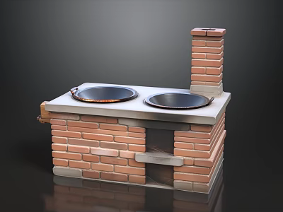 Brick Built Stove Structure With Two Iron Pans And Chimney Design 3d model