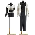 Model Wearing Black And White Top Black Skirt Plaid Cardigan And Black Pants Outfit