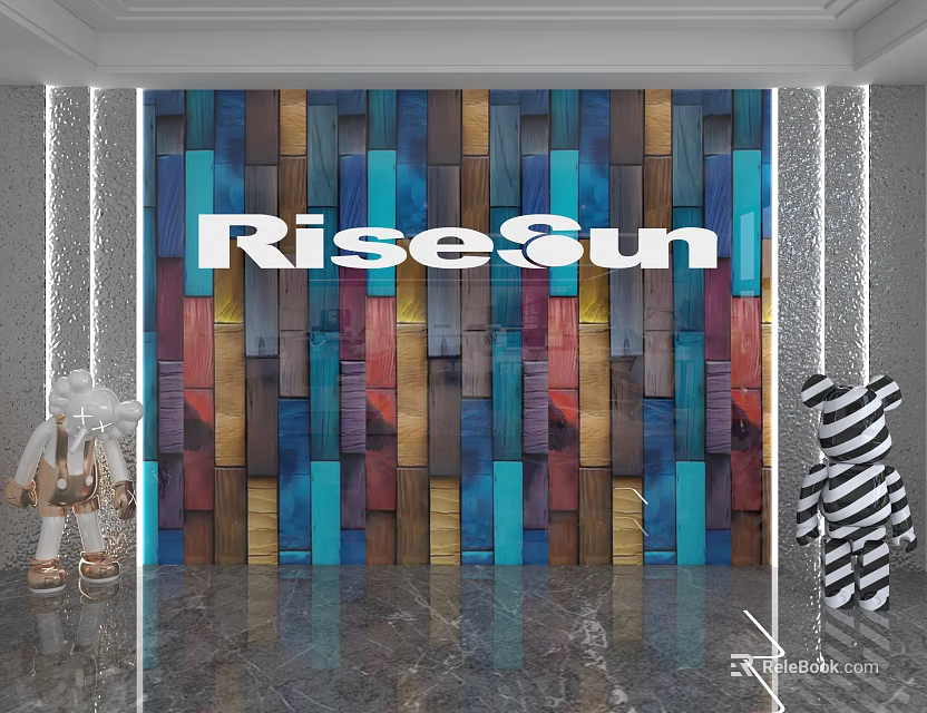Colorful Wooden Planks Background Wall with RiseSun Lettering in Modern Interior 3d model 