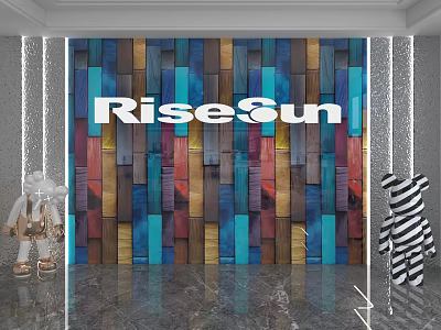 Colorful Wooden Planks Background Wall with RiseSun Lettering in Modern Interior 3d model