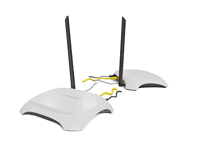 White TP-Link Wireless Routers With Dual Antennas And Yellow Cables Setup 3d model