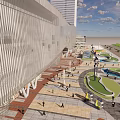 Modern Urban Building Exterior With Glass Facade Pedestrians And Green Car In Plaza